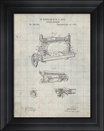 Framed Sewing Machine Patent - Antique Grid Parchment Print
