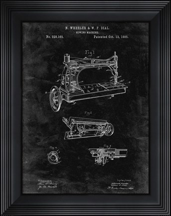 Framed Sewing Machine Patent - Black Grunge Print
