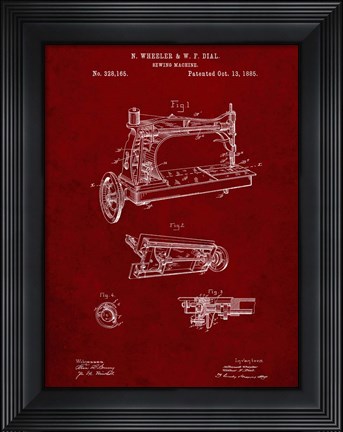 Framed Sewing Machine Patent - Burgundy Print