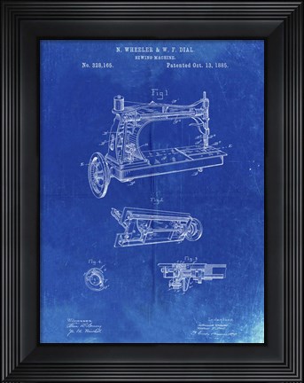 Framed Sewing Machine Patent - Faded Blueprint Print
