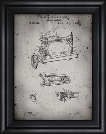 Framed Sewing Machine Patent - Faded Grey Print