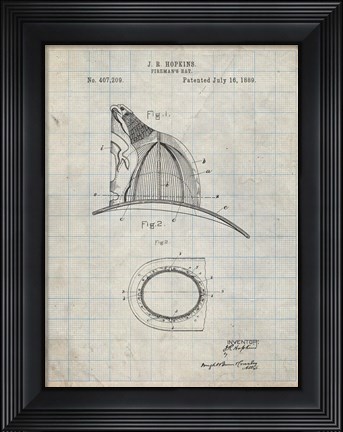 Framed Fireman's Hat Patent - Antique Grid Parchment Print