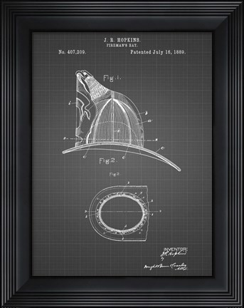 Framed Fireman&#39;s Hat Patent - Black Grid Print