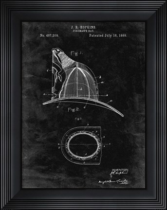 Framed Fireman&#39;s Hat Patent - Black Grunge Print