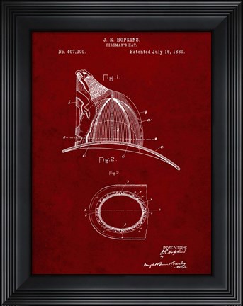 Framed Fireman&#39;s Hat Patent - Burgundy Print