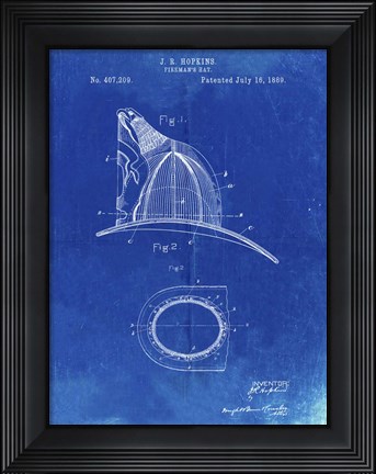 Framed Fireman&#39;s Hat Patent - Faded Blueprint Print