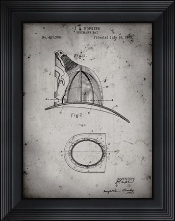 Framed Fireman's Hat Patent - Faded Grey Print