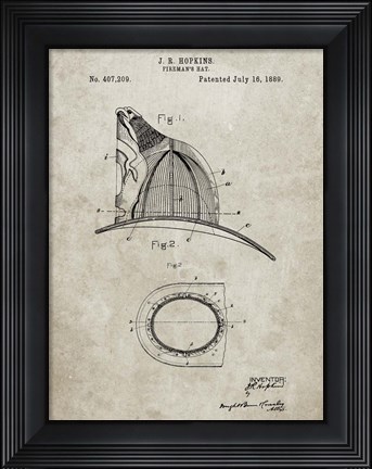 Framed Fireman&#39;s Hat Patent - Sandstone Print