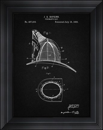 Framed Fireman&#39;s Hat Patent - Vintage Black Print
