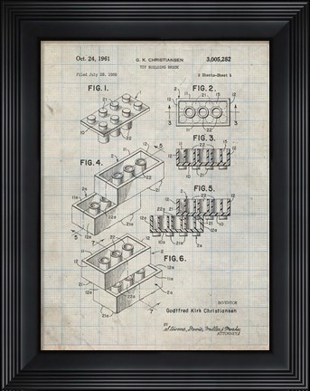 Framed Toy Building Brick Patent - Antique Grid parchment Print