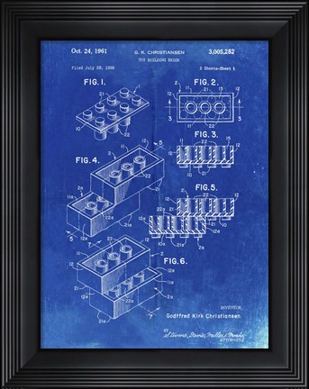 Framed Toy Building Brick Patent - Faded Blueprint Print