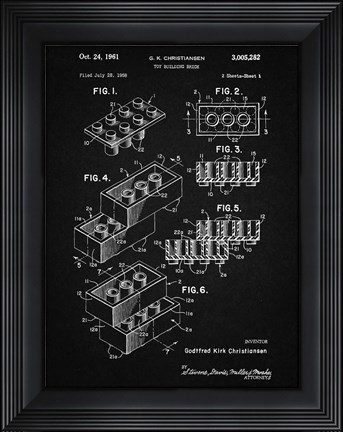 Framed Toy Building Brick Patent - Vintage Black Print