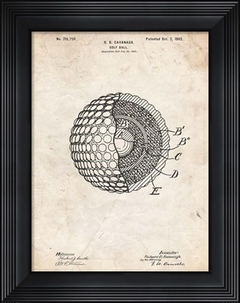 Framed Golf Ball Patent - Vintage Parchment Print