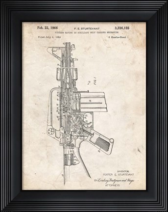 Framed Firearm With Auxiliary Bolt Closure Mechanism Patent - Vintage Parchment Print