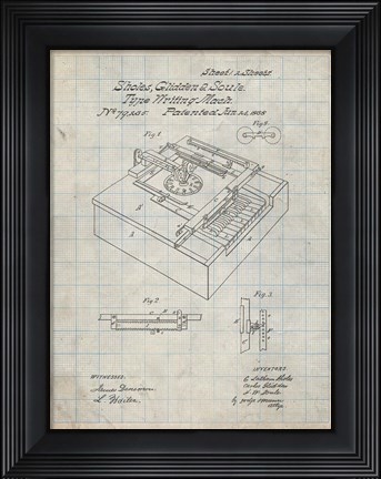 Framed Type Writing Machine Patent - Antique Grid Parchment Print