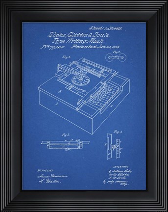 Framed Type Writing Machine Patent - Blueprint Print