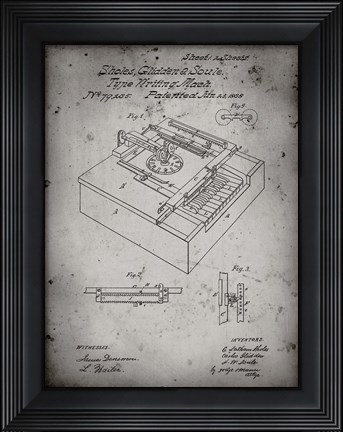 Framed Type Writing Machine Patent - Faded Grey Print