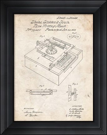 Framed Type Writing Machine Patent - Vintage Parchment Print