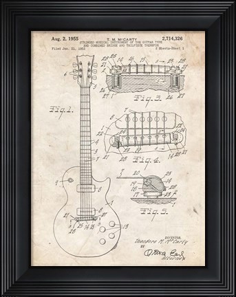 Framed Guitar &amp; Combined Bridge &amp; Tailpiece Therefor Patent - Vintage Parchment Print
