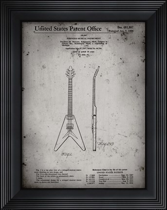 Framed Stringed Musical Instrument Patent - Faded Grey Print