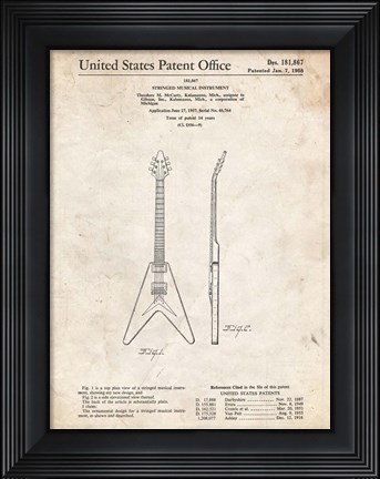 Framed Stringed Musical Instrument Patent - Vintage Parchment Print