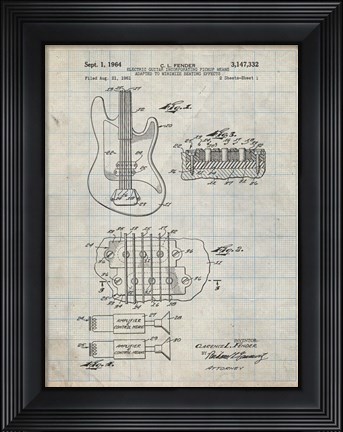 Framed Electric Guitar Patent - Antique Grid Parchment Print
