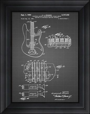 Framed Electric Guitar Patent - Black Grid Print