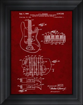 Framed Electric Guitar Patent - Burgundy Print