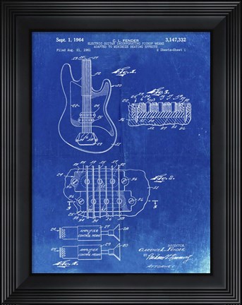 Framed Electric Guitar Patent - Faded Blueprint Print