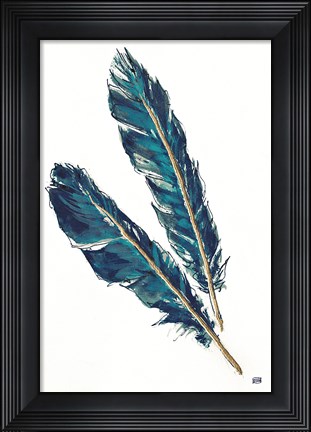 Framed Gold Feathers III Indigo Print