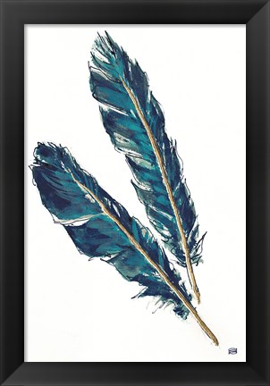 Framed Gold Feathers III Indigo Print