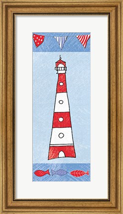 Framed Coastal Lighthouse I on Blue Print