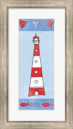 Framed Coastal Lighthouse I on Blue Print