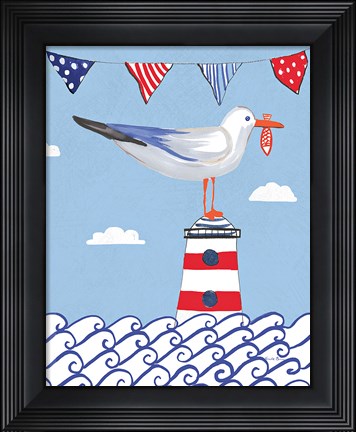 Framed Coastal Bird I Flags on Blue Print