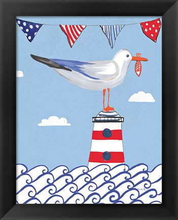 Framed Coastal Bird I Flags on Blue Print