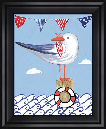 Framed Coastal Bird II on Blue Print