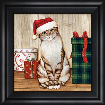 Framed Christmas Kitty on Planked Wood Print