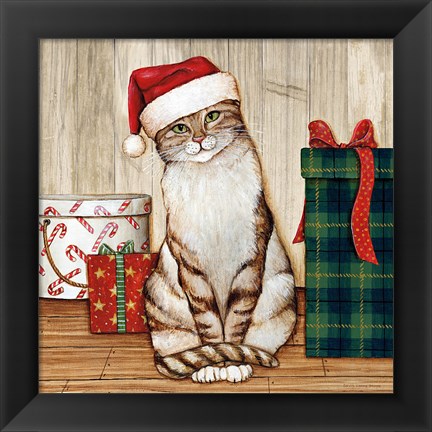 Framed Christmas Kitty on Planked Wood Print