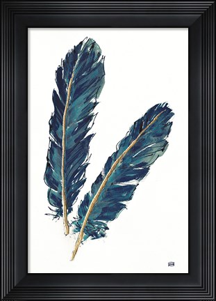 Framed Gold Feathers IV Indigo Print
