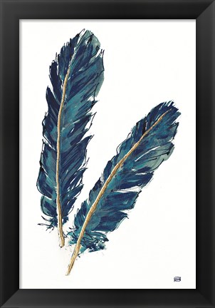 Framed Gold Feathers IV Indigo Print