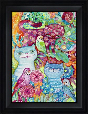 Framed 3 Cats + 3 Birds Print