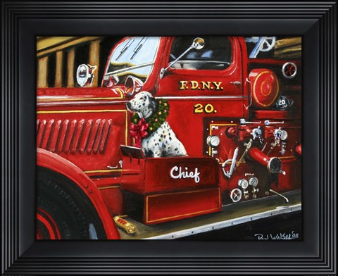 Framed Dalmation Christmas Firetruck Print