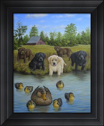 Framed Puppies And Ducklings Print