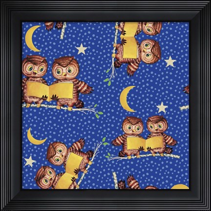 Framed Cute Baby Owls Starry Night Pattern Print