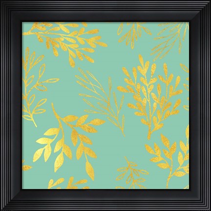 Framed Golden Leaves Pattern Aquamarine Print