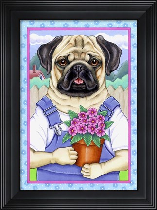 Framed Pug Flower Pot Print