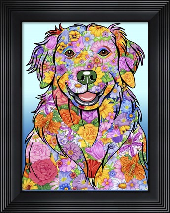 Framed Flowers Golden Retriever Print