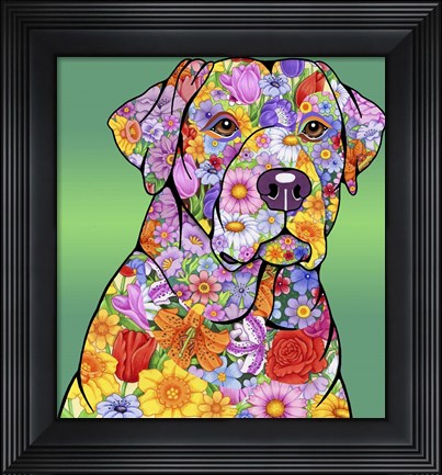Framed Flowers Yellow Lab Print
