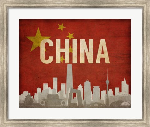 Framed Beijing, China - Flags and Skyline Print
