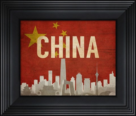 Framed Beijing, China - Flags and Skyline Print